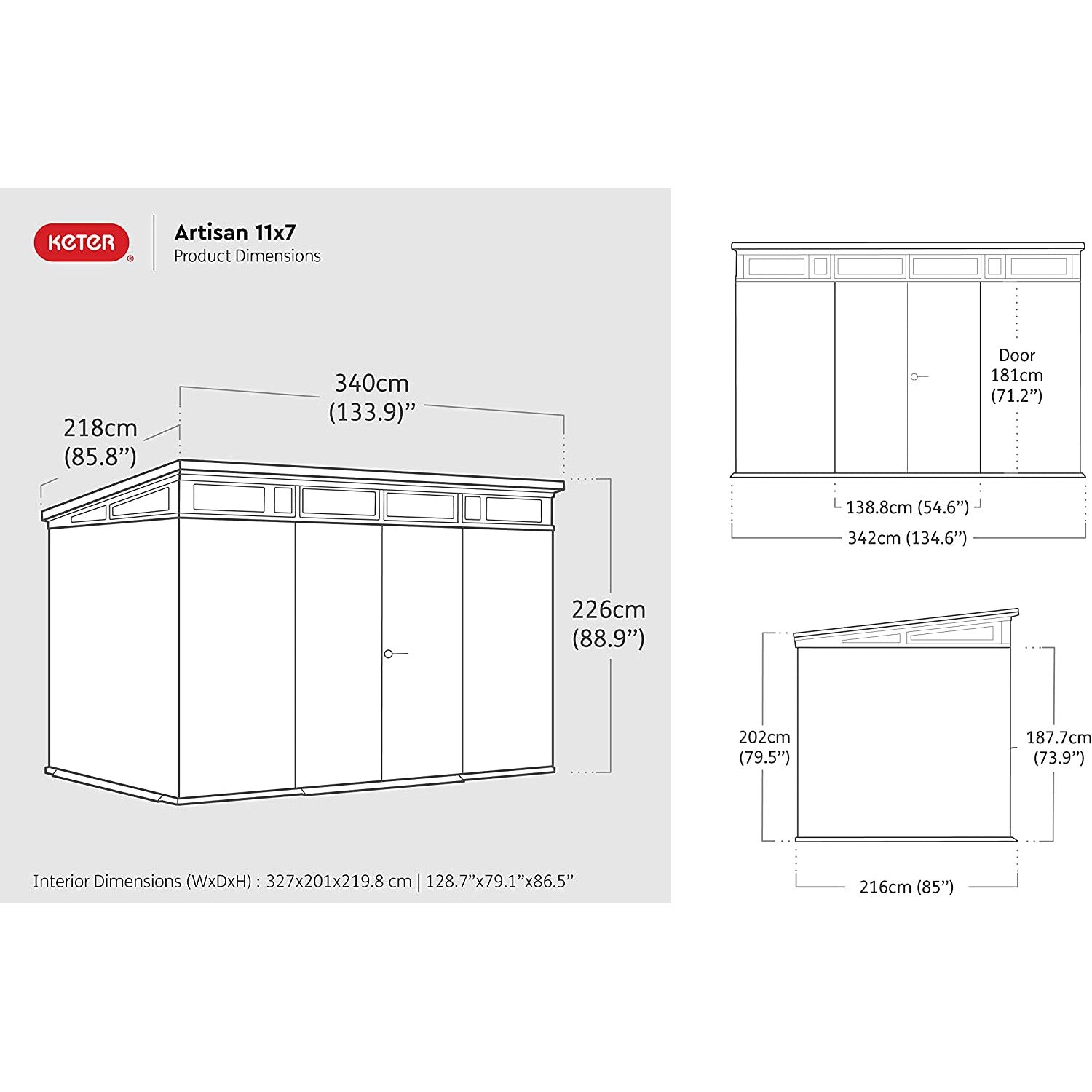 Keter 11’x 7′ Artisan Heavy Duty Plastic Pent Shed – Grey-oakleysgardenmachine- Free shipping