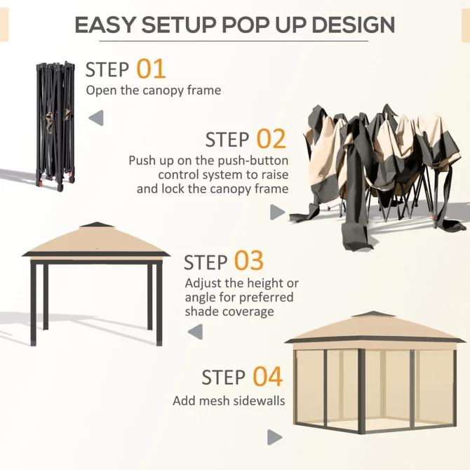 Outsunny 330cm x 330cm Pop Up Canopy, Double Roof Foldable Canopy Tent with Zippered Mesh Sidewalls, Height Adjustable, Beige